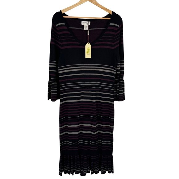 Max Studio Striped Knit sweater Dress Bell Sleeves Ruffle Size Large new $148 - Picture 2 of 14
